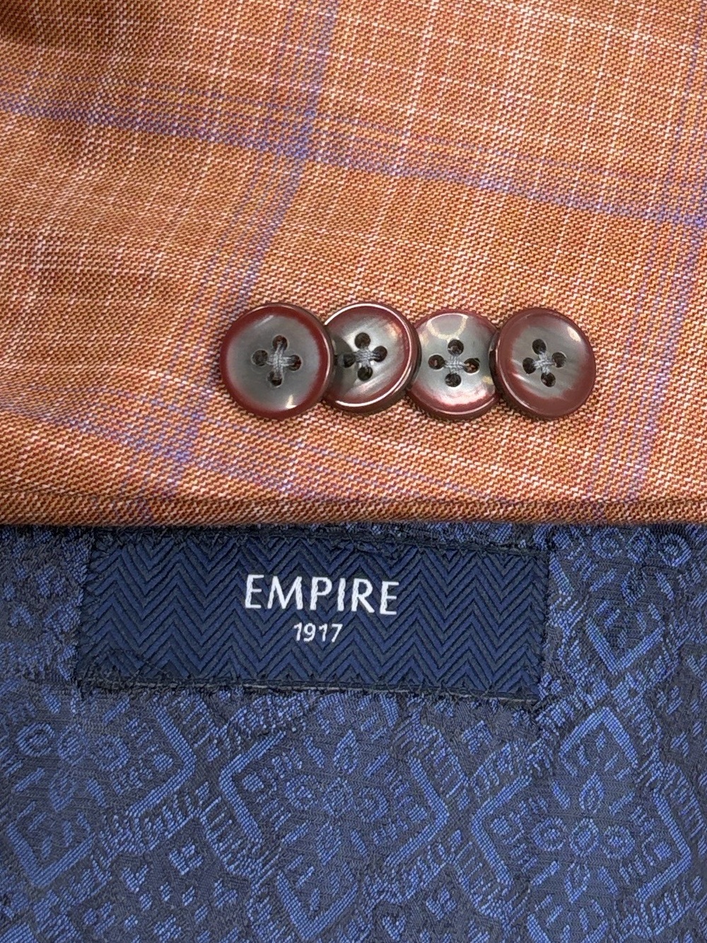 Empire 1917 Sport Coat Mens 50R Orange Brown Blue Plaid Wool Made in Canada